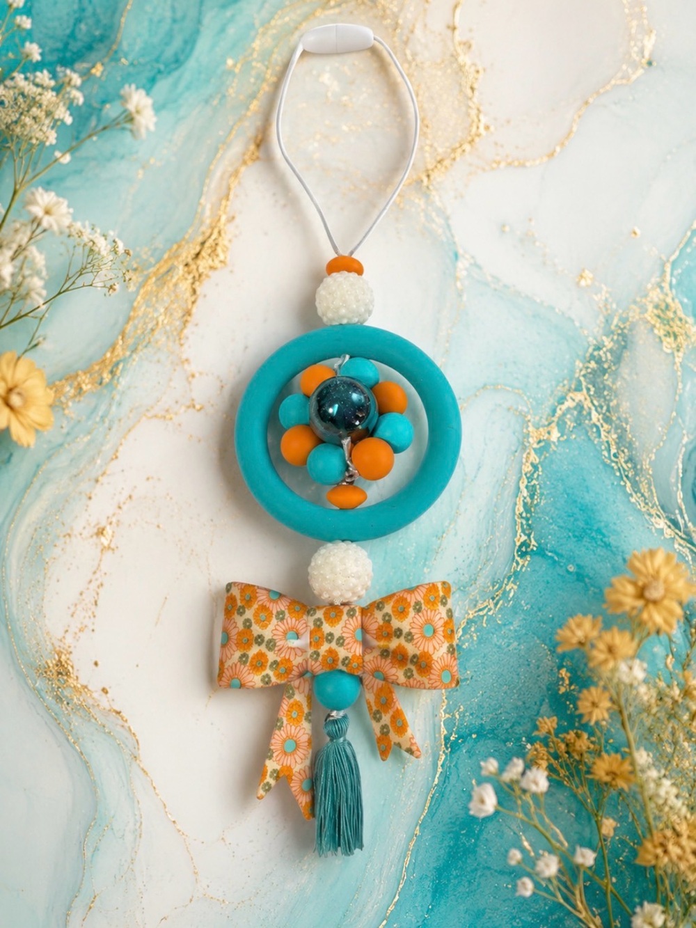 Handmade Turquoise & Orange Floral Bow Car Charm